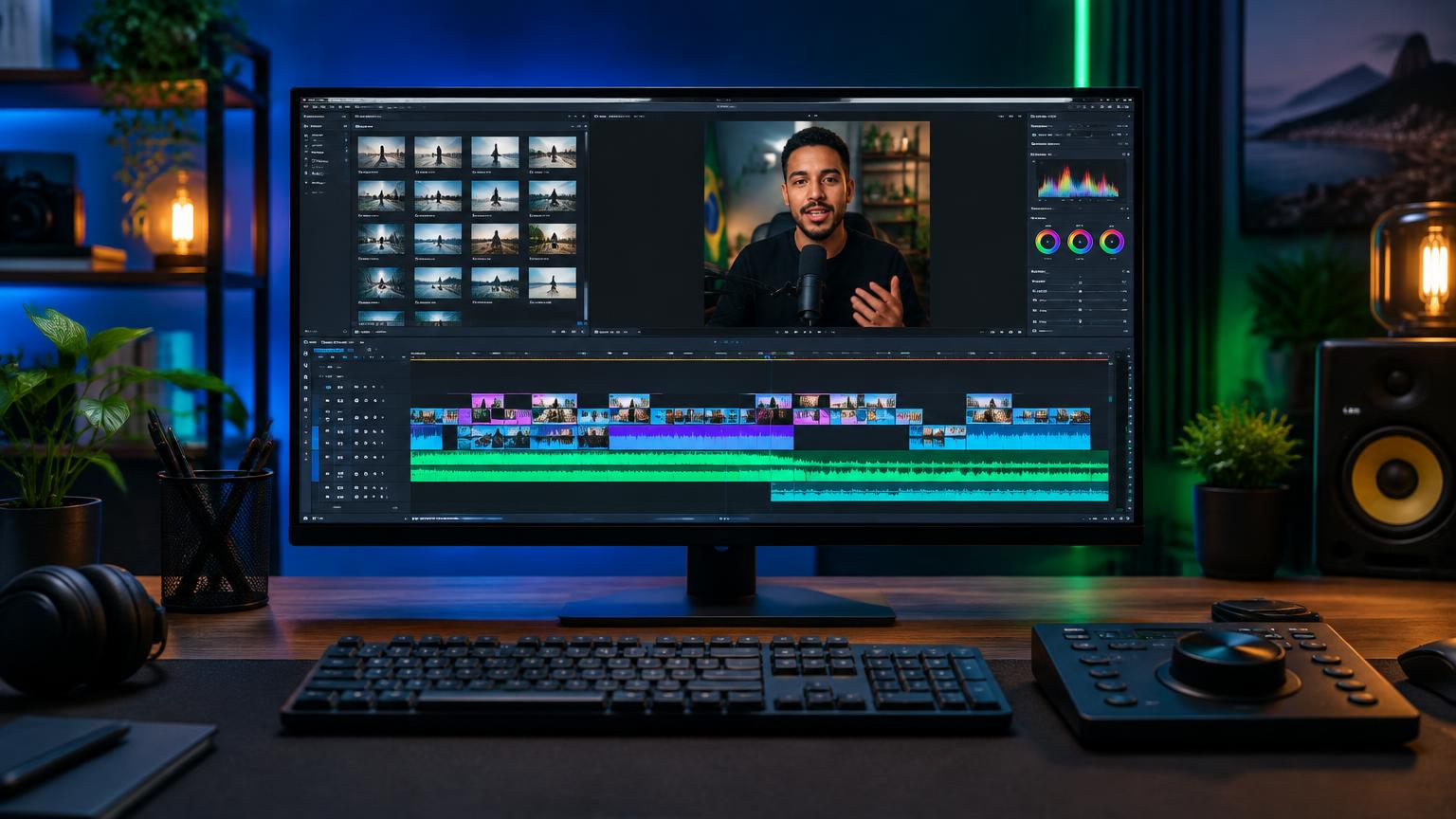 Estúdio de edição de vídeo com monitor e linha do tempo